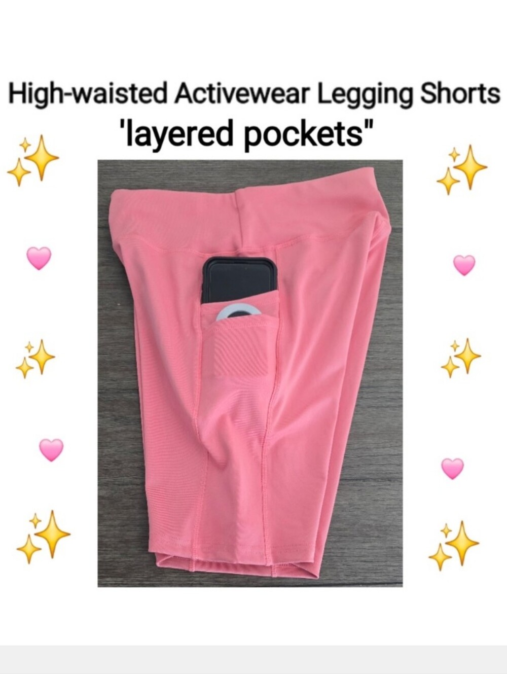 High-Waisted Peach Pink Activewear Legging Shorts with Layered Pockets, Size L